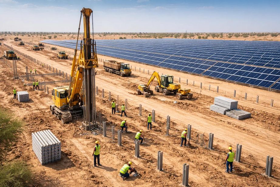 Crew and excavators setting piles at a solar site